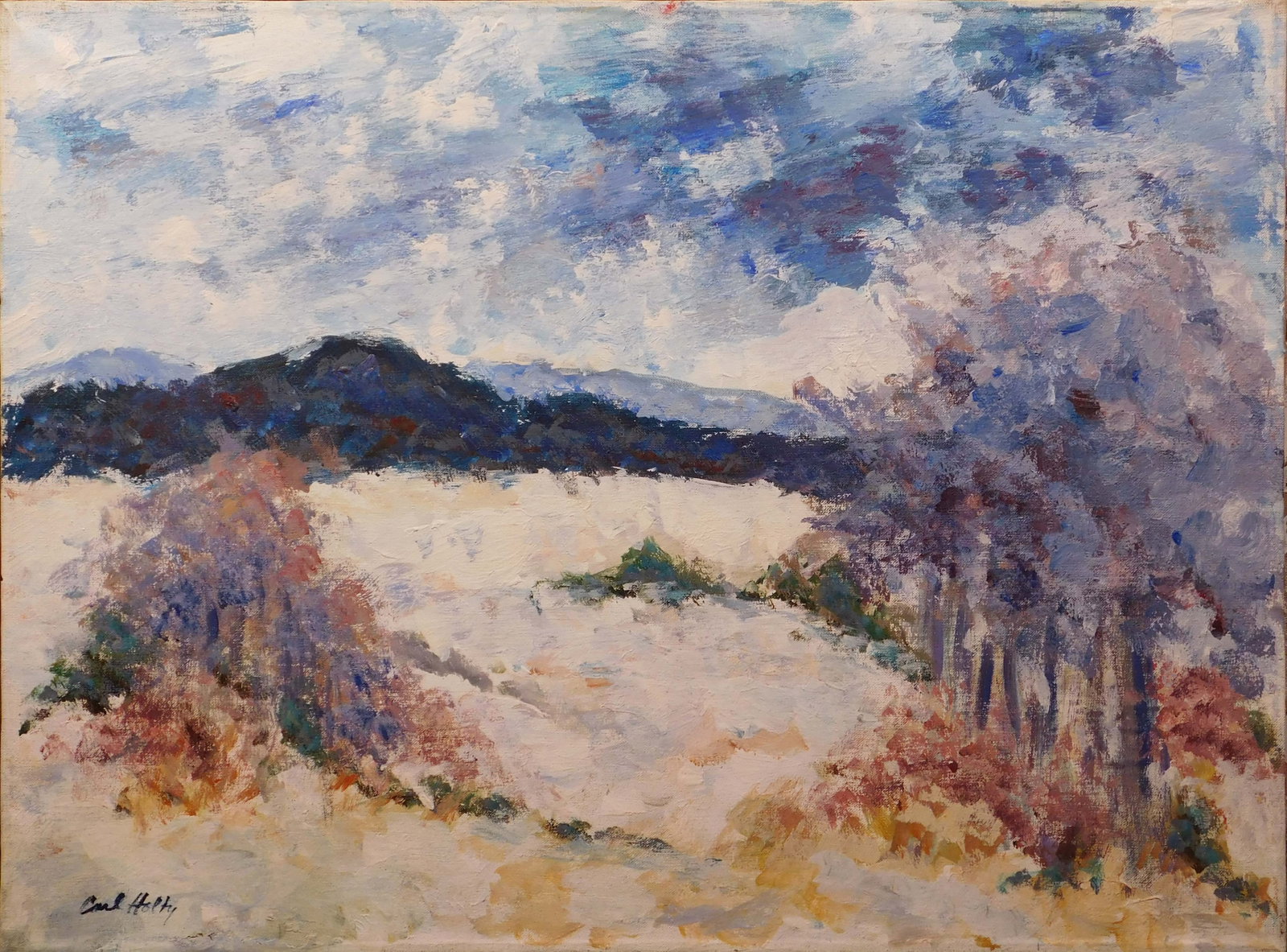 Carl Robert Holty, Attributed: Impressionist Winter Landscape: Carl Robert Holty (German/ American, 1900 - 1973) Attributed: Impressionist Winter Landscape. Oil on canvas, signed below and verso, unframed, set on a new stretcher bar, possible early work. 18 x 24 