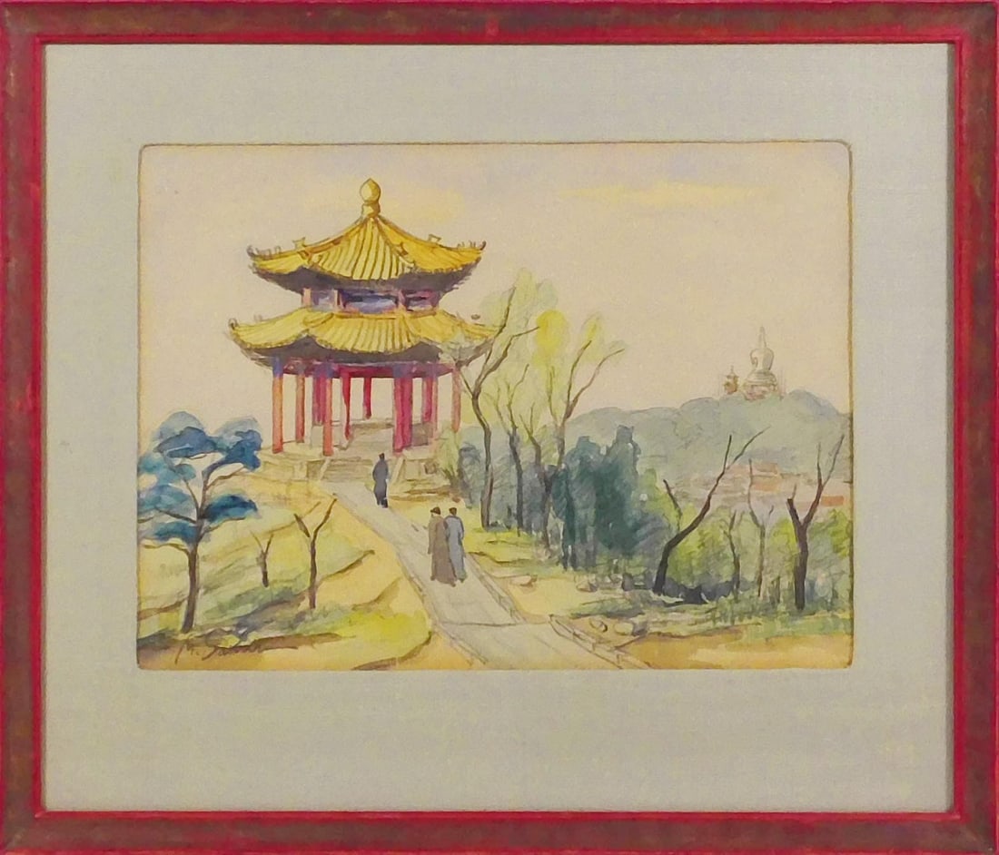 Chinese Pavillion Watercolor: Chinese Pavillion. Watercolor and ink on paper, signed illegibly lower left, framed. 15.5 x 18 inches framed; 9.5 x 13 inches sight. Private collection, Maine, USA; 2010, Private collection, Madison, 