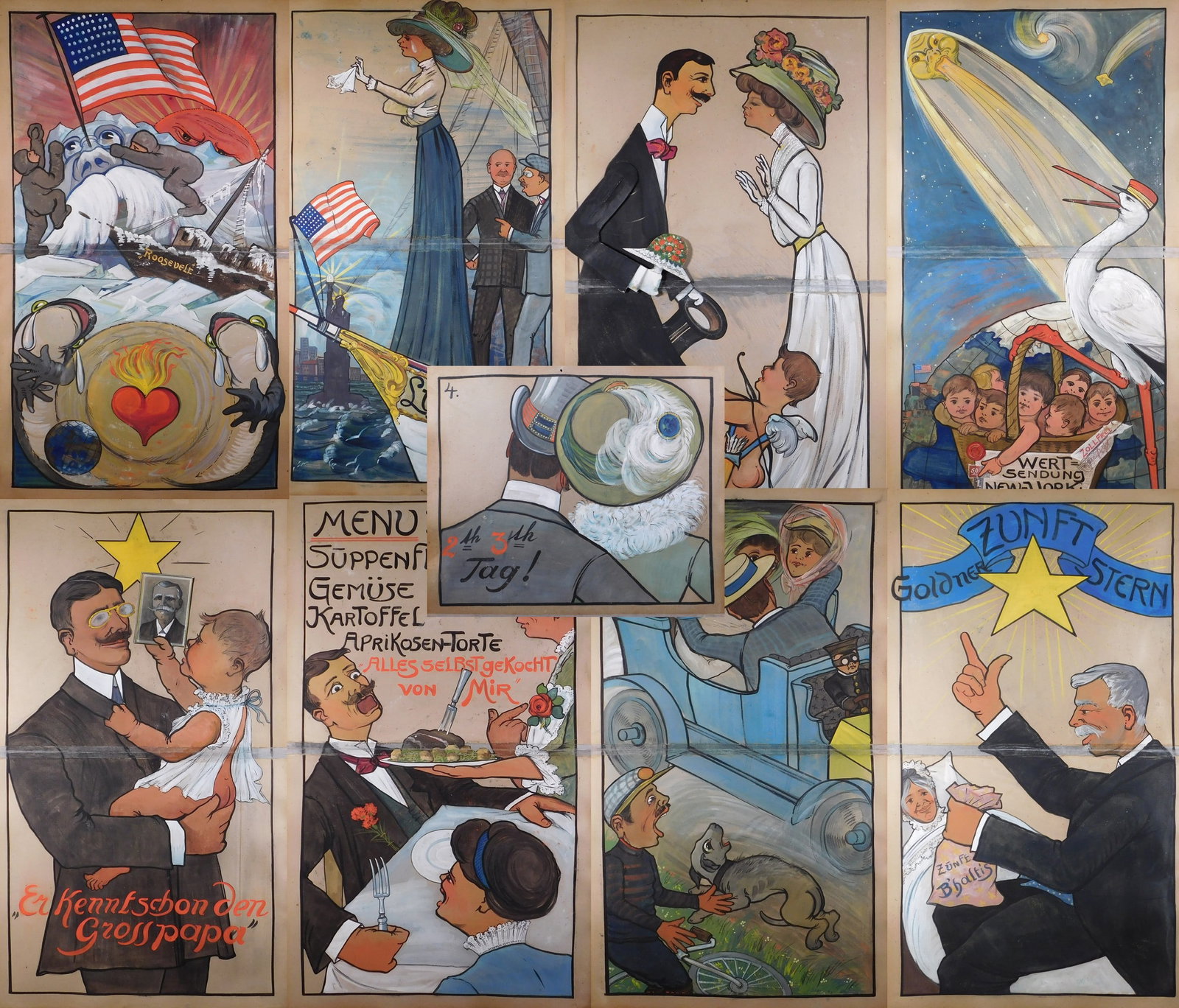 Portfolio of German Posters: Portfolio of German Posters. Tempera paint on cardboard. Nine Hand painted posters depicting a story ca. Early 20th Century. 45 x 25.5 inches each sheet. Private collection, Madison, WI. Fair conditio