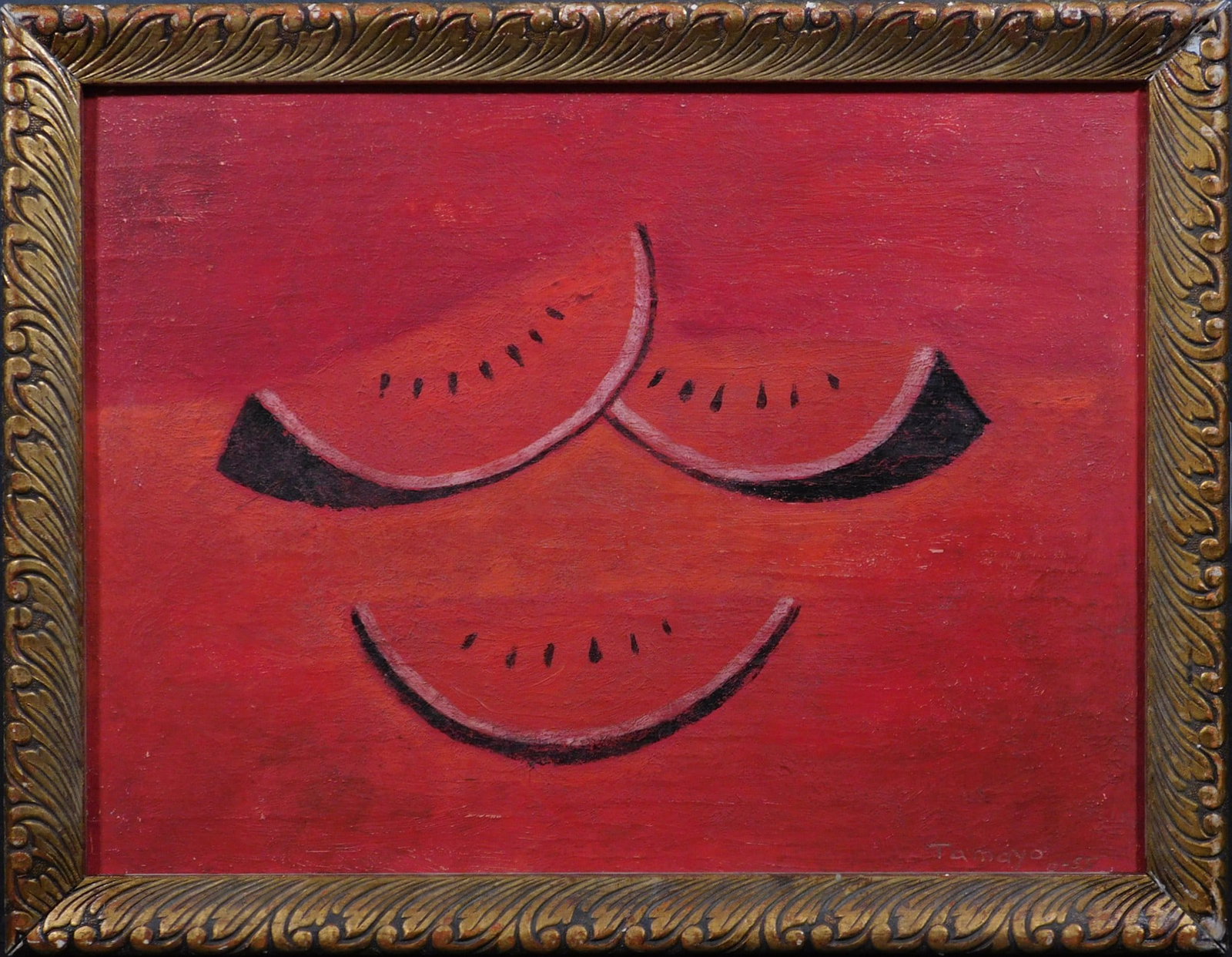 Rufino Tamayo, Attributed: Sandias: Rufino Tamayo (Mexican, 1899-1991) Attributed: Sandias, signed and dated 0-55 (1955). Oil on wood panel, framed. Rufino del Carmen Arellanes Tamayo was a Mexican painter of Zapotec heritage, born in O