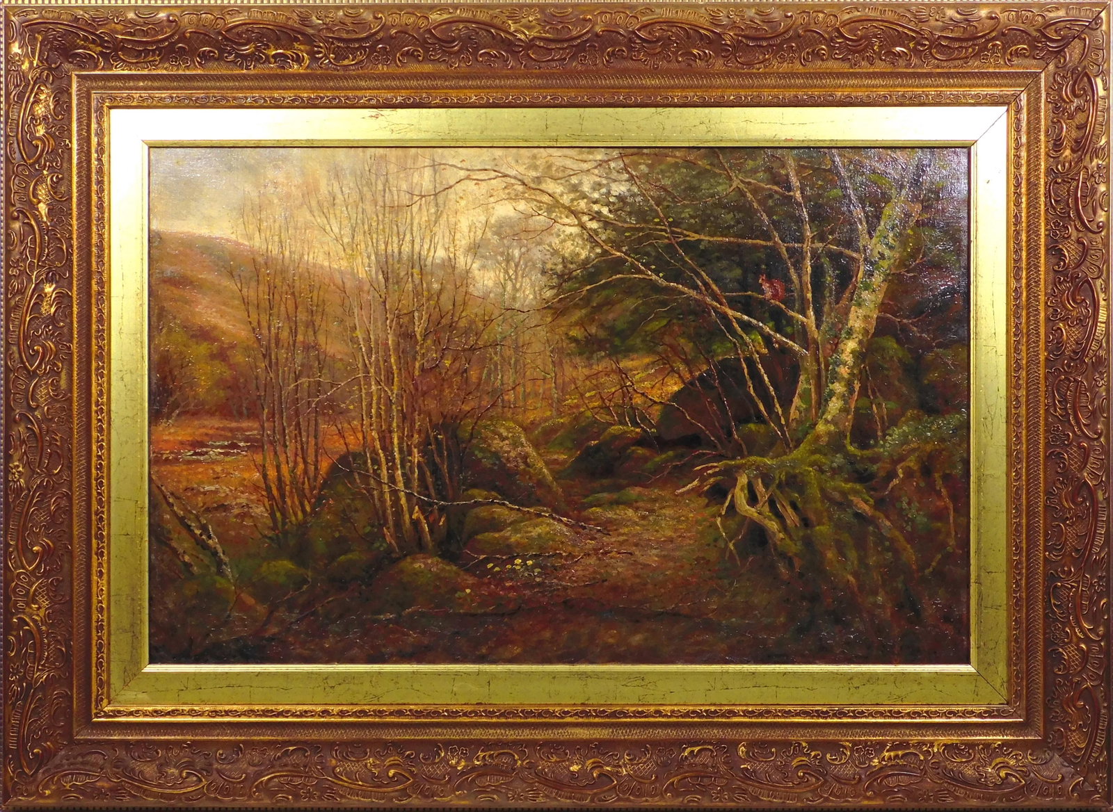 Joseph Wrightson McIntyre: On the Moors. Devonshire: Joseph Wrightson McIntyre (British, 1842-1888): On the Moors. Devonshire. Oil on canvas, signed and titled in ink verso, initialed lower right, framed, gallery stamp verso. 29 x 40 1/2 inches (frame);