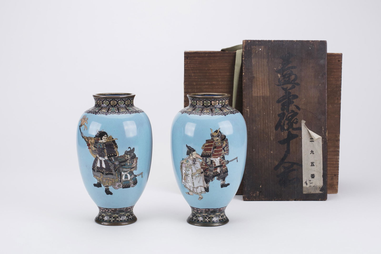 Pair Japanese Cloisonne Turquoise Ground Samurai V (1 of 1)
