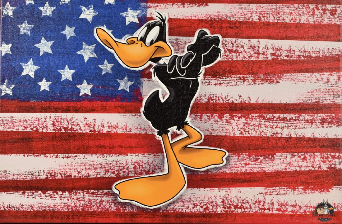 Patriotic Daffy Duck Canvas: A Warner Bros. canvas entitled "Patriotic Daffy." This canvas features Daffy Duck standing proudly in front of the American Flag. 30x20 4 lbs