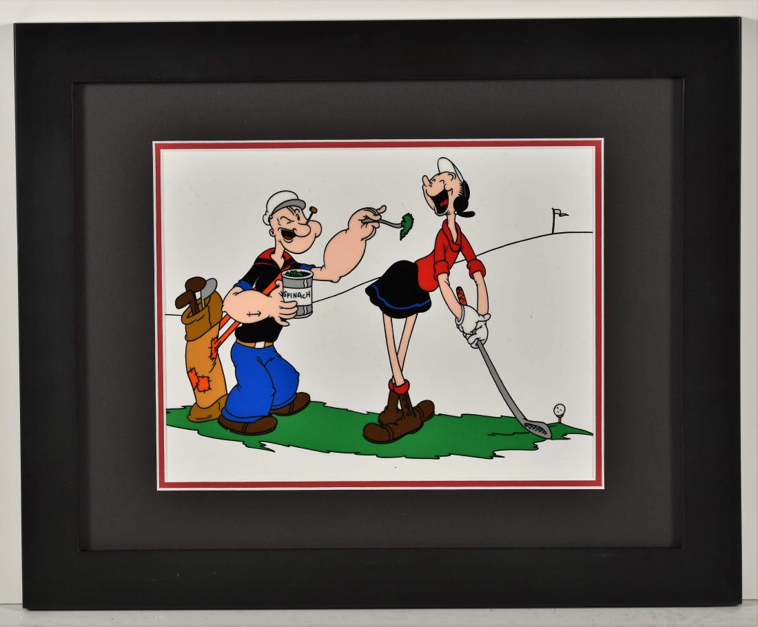 Popeye and Olive Oyl Framed Sericel: A limited edition sericel entitled "Spinach of Champions" features Popeye and Olive Oyl playing golf. Limited to 7,500 pieces, comes with a certificate of authenticity. Is presented matted and in a bl
