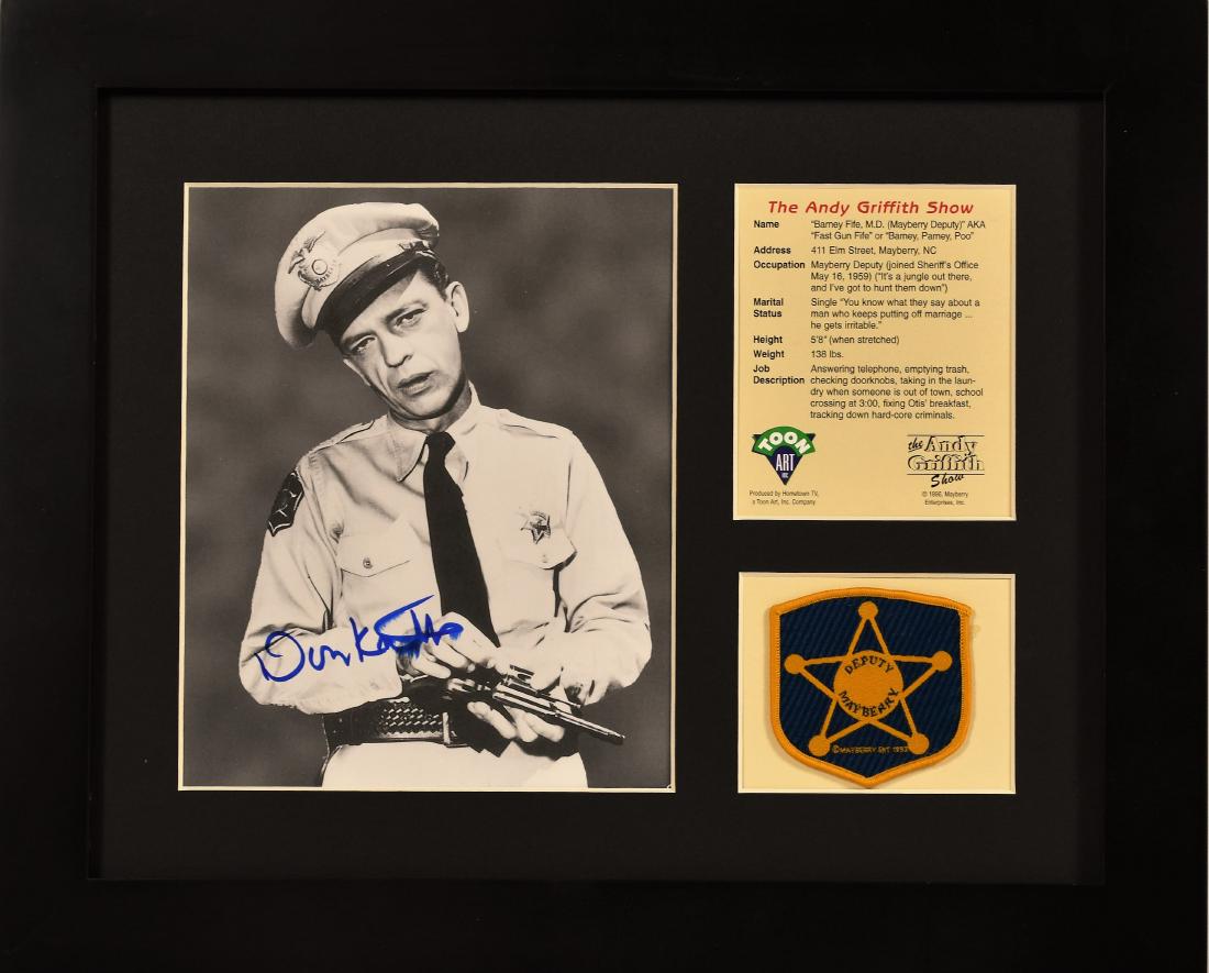Signed "Barney Fife" with Deputy Mayberry Patch: An autographed limited edition offset lithograph titled _Barney Fife_ with Deputy Mayberry Patch. Featured is an autographed image of Don Knotts in character as Barney Fife. Also included is a biograp