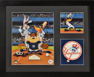 Warner Bros. Yankees Framed 3 Opening L.E. Lithograph: A framed Warner Bros. Looney Tunes lithograph. This three image lithograph features a large image of Taz, Bugs Bunny and Daffy Duck dressed as Yankees players, the second smaller images features