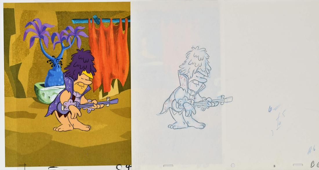 Barney Prod Cel & Drawing-1980's Fruity Pebbles: An original 1980s _Flintstones_ cereal commercial production animation cel. This cel features Barney Rubble in a rocker outfit playing a guitar. Is hand-painted and set against a printed cave backgrou