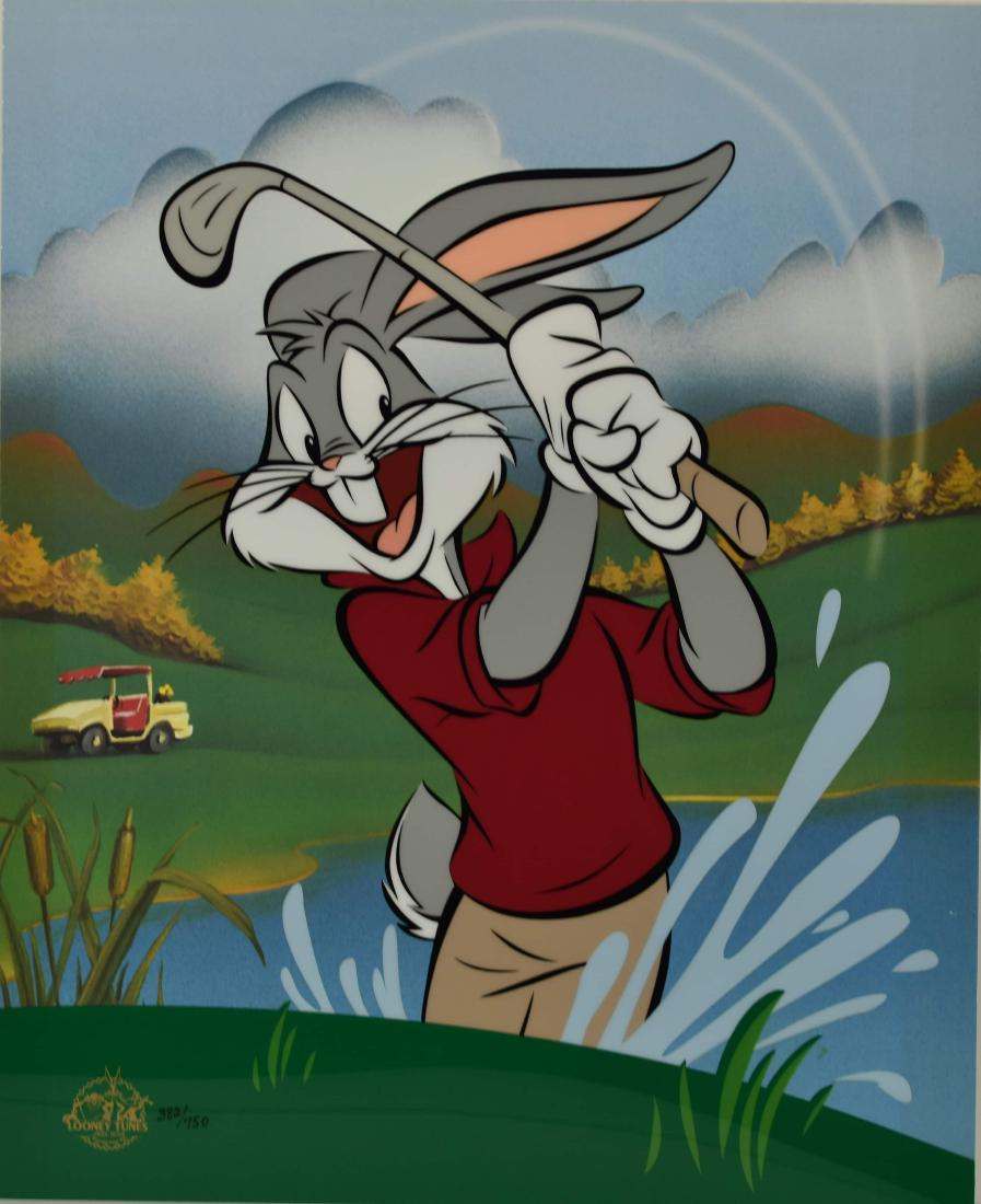 Warner Bros. LE Sericel-Bugs Bunny - Blastin Bugs: A Warner Bros. Limited Edition Sericel entitled "Blastin Bugs." This sericel features Bugs Bugs hitting the golf ball. Is number 382 out of an edition of 750. Warner Bros. seal is present in the lower
