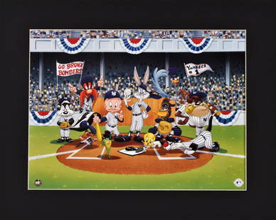 Warner Bros. Lithograph -Line Up at the Plate -Yankees: A Warner Bros. lithograph entitled "Line-Up At The Plate" depicting characters from the Looney Toons dressed up as New York Yankees baseball players on a baseball diamond posing for a team photo. The