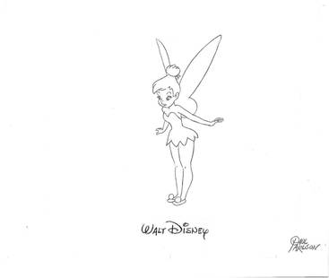 Tinkerbell sketch - signed by Disney animator Paul: A pencil on paper, by Disney animator Paul Carlson from "Peter Pan(1953)". It depicts a black and blue linear drawing of Tinkerbell. A Walt Disney Signature appears above that of Carlson. Presented in