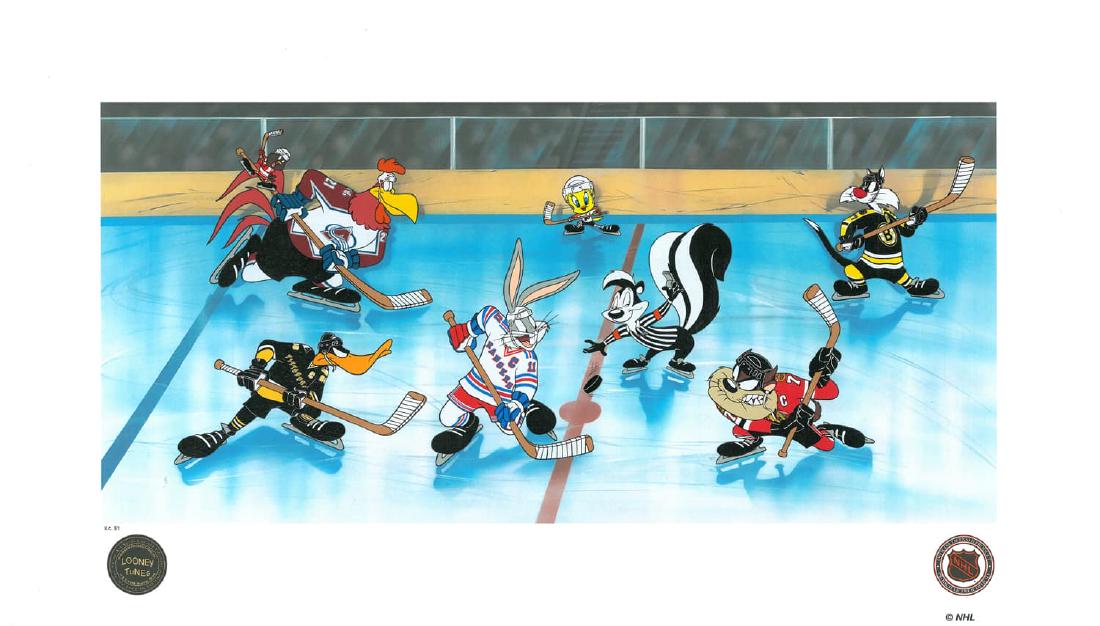 Warner Bros. L.E NHL Litho Toons Take the Ice: A _Looney Tunes_ and hockey-themed lithoserigraph titled _The Toons Take the Ice._ This print depicts _Looney Tunes_ characters wearing the uniforms of several different National Hockey League teams, 