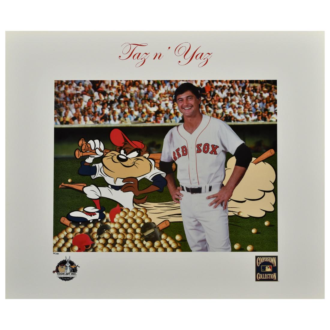 Carl Yastrzemski Warner Bros. L.E. Litho: A limited edition Warner Bros. lithograph entitled "Taz n' Yaz." This special limited edition image pays tribute to Hall of Fame and Triple Crown winner Carl Yastrzemski (Yaz). The photo of "Yaz" that