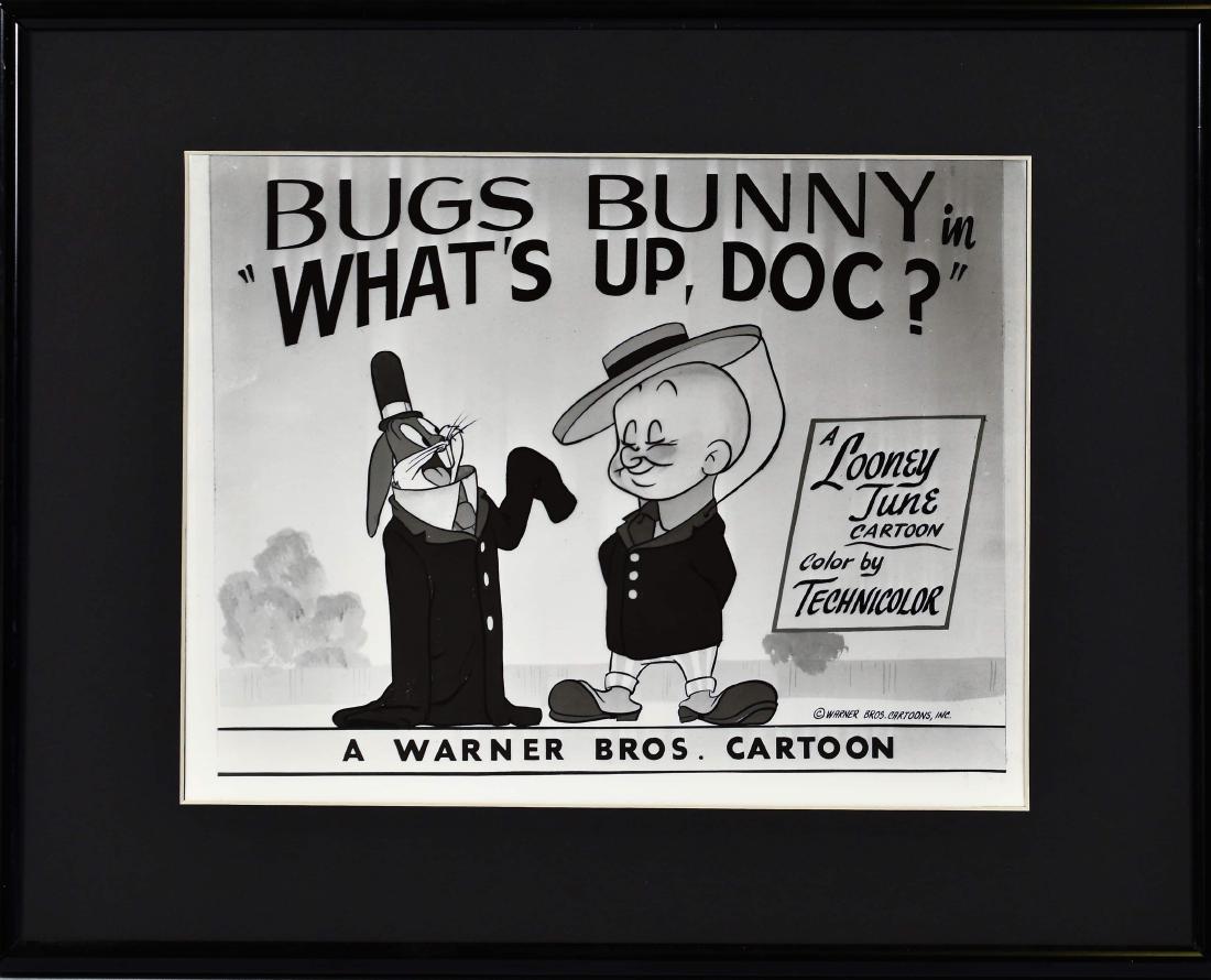 Warner Bros. Original Lobby Card- "What's Up Doc" Elmer: An original Warner Bros. Looney Tune Lobby Card entitled "What's Up, Doc? with Elmer." This technicolor cartoon was created by Robert McKimson in 1949. What's Up, Doc? stars Bugs Bunny and Elmer Fudd.