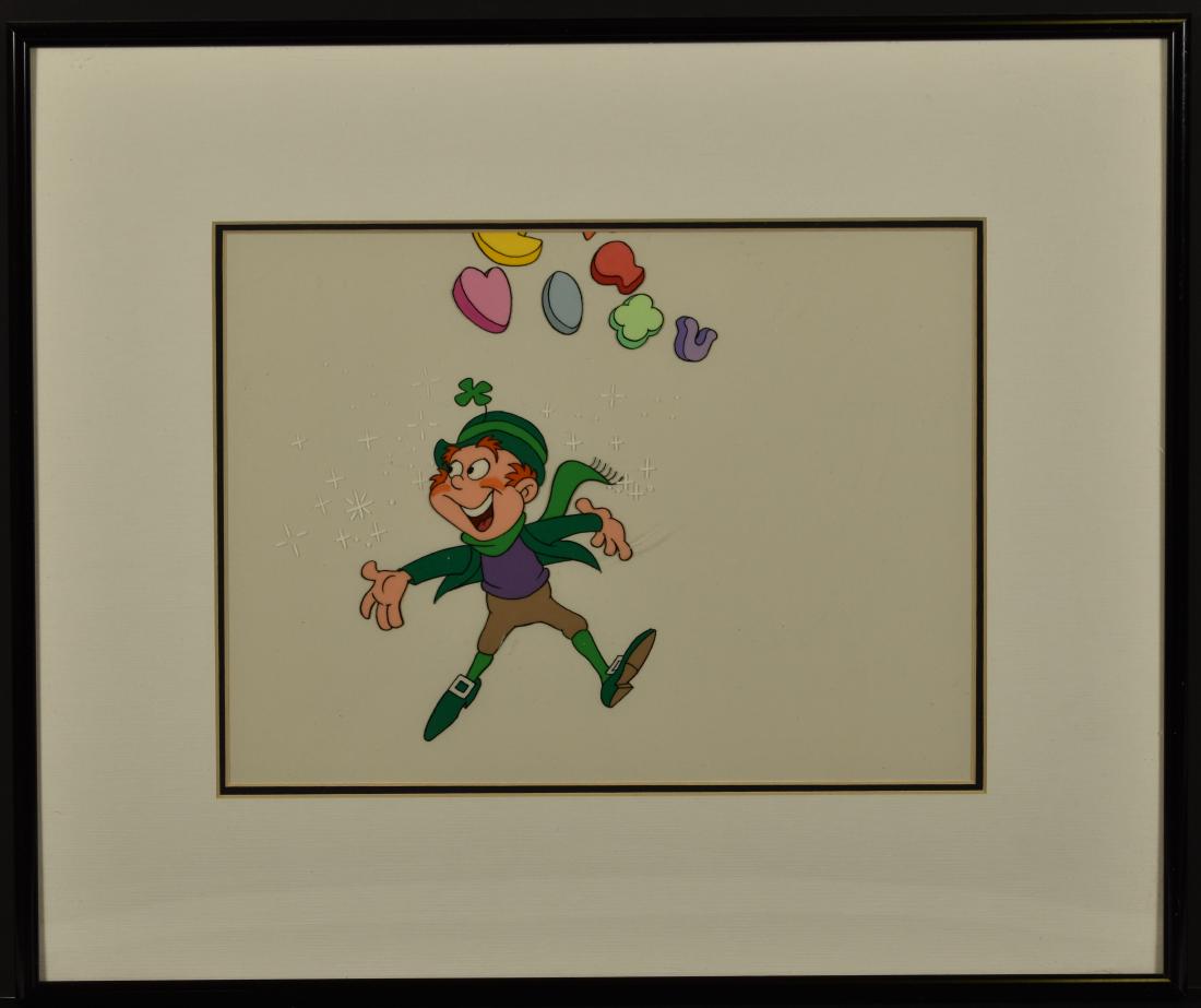 Lucky Charms -Leprechaun Production Cel: A framed production cel used in the Lucy Charms cereal commerical. 15x18 3 lbs.