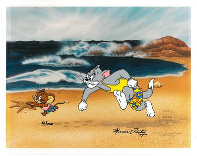 Marcia Fertig signedHP LE Tom & Jerry cel Great Chase: A signed limited edition hand-painted cel entitled- "The Great Chase." This cel features Tom chasing Jerry down the beach. Is signed by Turner Home Entertainment animator and creator Marcia Fertig. 