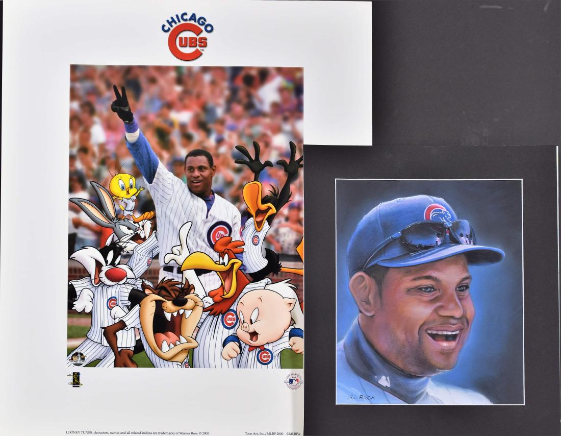 Sammy Sosa Cubs-Original HP Portrait & Slammin Sammy: Two Sammy Sosa Collectible pieces of art. The first is an original hand-painted portrait of Sosa in a Cubs uniform. Is presented matted and signed by the artisit, Suzanne Bock. The second is a lithogr