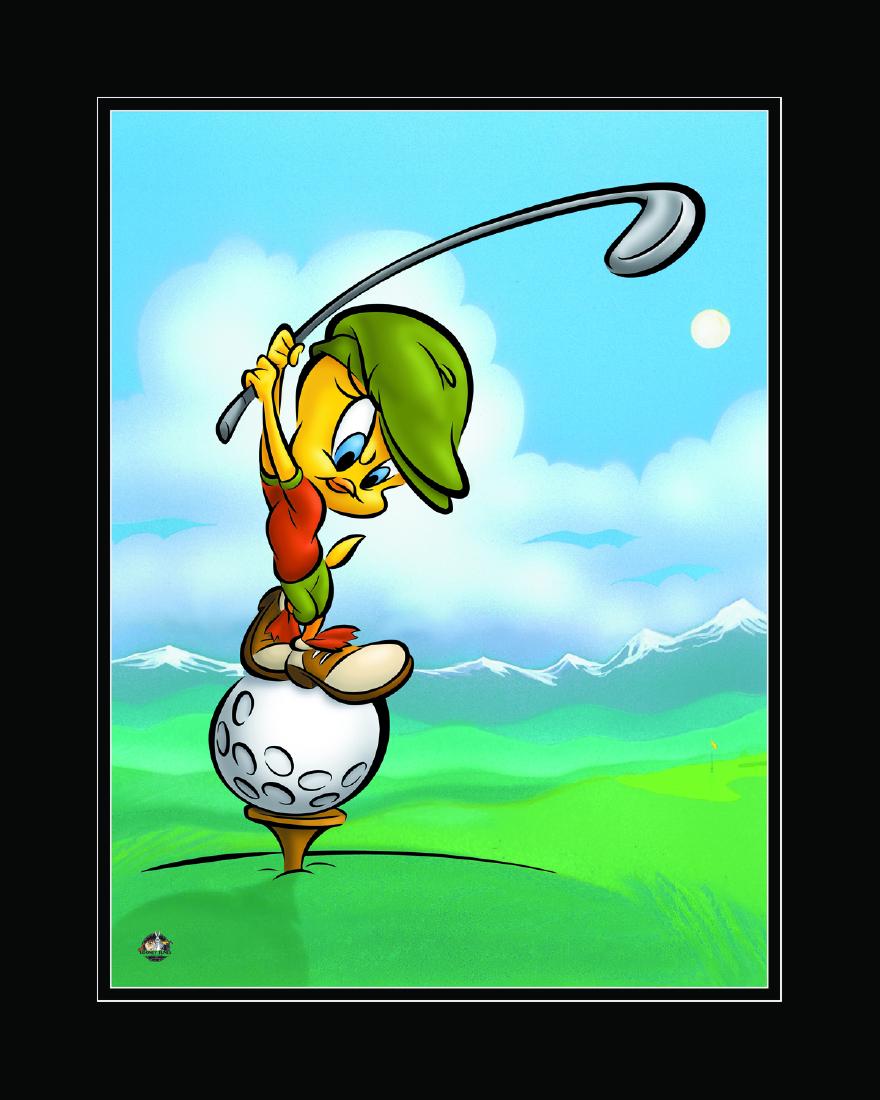 Tee-Off Tweety - Warner Bros. Golf Giclee: A Warner Bros. limited edition giclee entitled " Tee-Off Tweety." This image features Looney Tunes character Tweety Bird. Is limited to 500 pieces. Is presented matted and comes with certificate of au