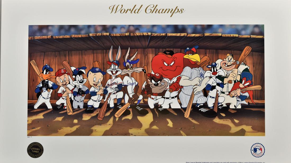 World Series Champions - MLB Litho: A Warner Bros. lithograph entitled "World Champs." This lithograph features the Looney Tunes characters representing the 12 Twelve World Series Champs from 1986-1997. Has been licensed by both Warner