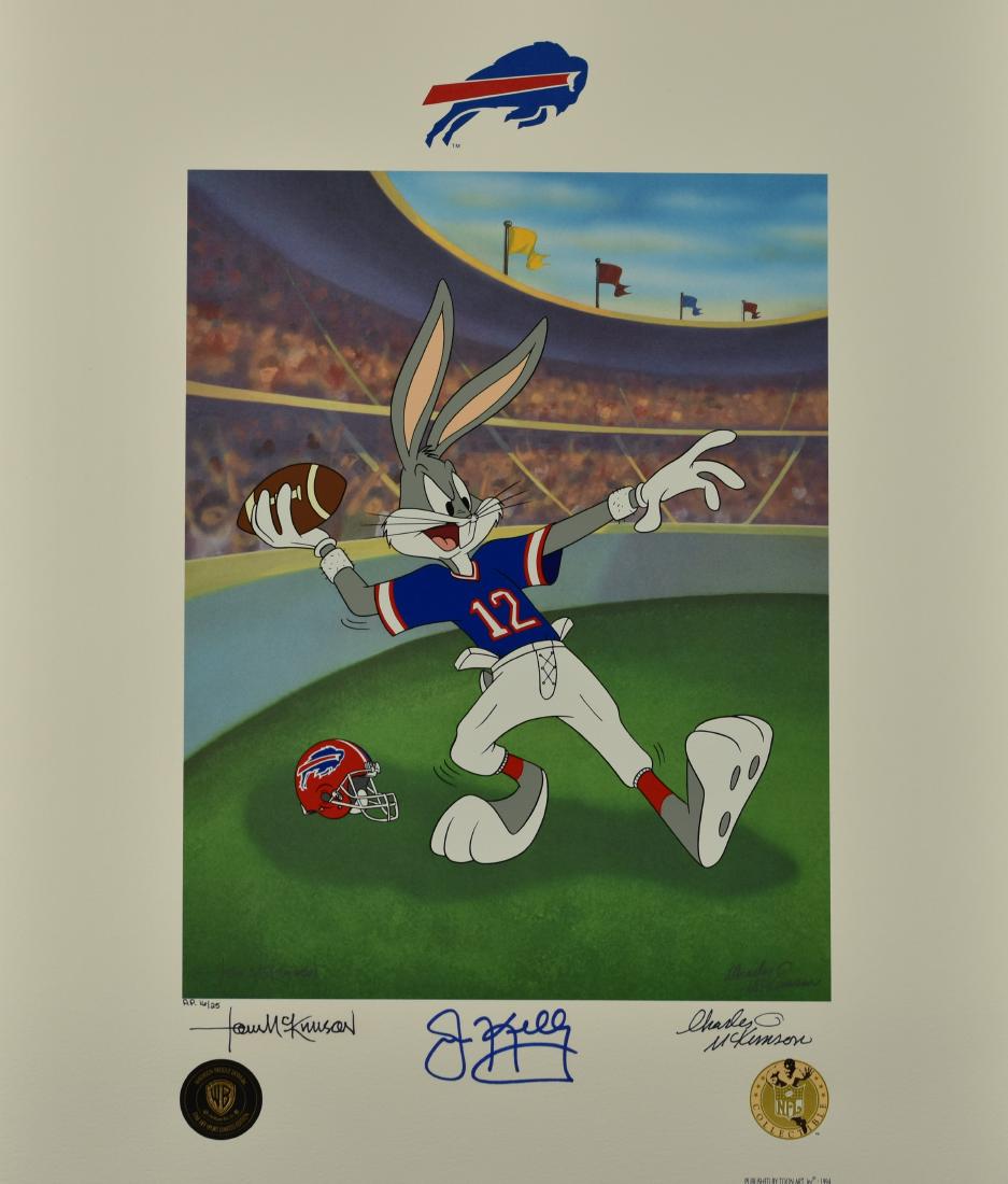 Jim Kelly Signed Warner Bros. Bills Lithoserigraph: A Warner Bros. limited edition lithoserigraph entitled "Hail Mary.' This lithoserigraph depicts Bugs Bunny as a Buffalo Bills dropping back to thow a deep pass. It has been hand signed by Bills player
