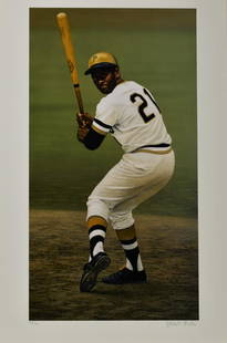 Roberto Clemente -Bill Purdom signed LE Lithograph: This lithograph entitled "Roberto Clemente" features Clemente in a batting stance. Created by renowned baseball artist Bill Purdom who passed in 2017. This piece is signed by Purdom and is number 102