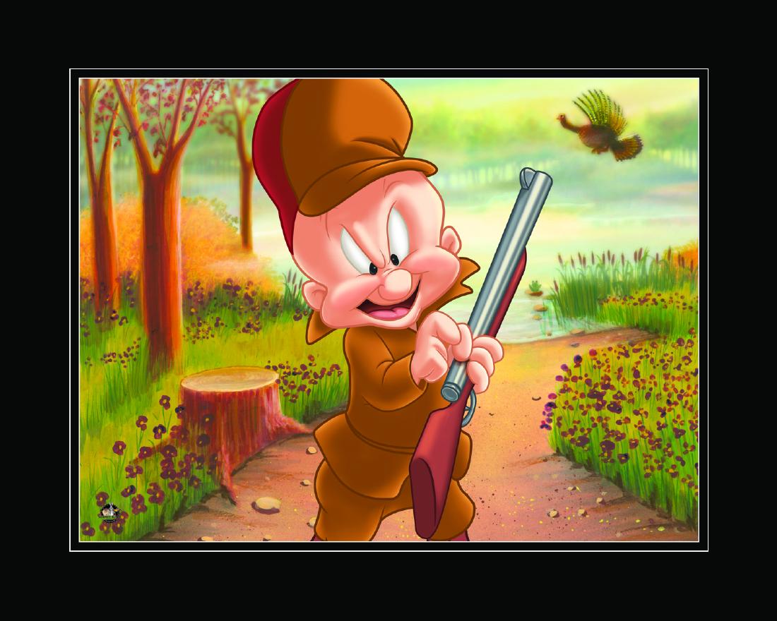 Warner Bros Turkey Hunting Elmer Giclee: A Warner Bros. limited edition giclee entitled " Turkey Hunting Elmer." Elmer Fudd is one of the most famous Looney Tunes characters. His aim is to hunt Bugs, but he usually ends up seriously injuring