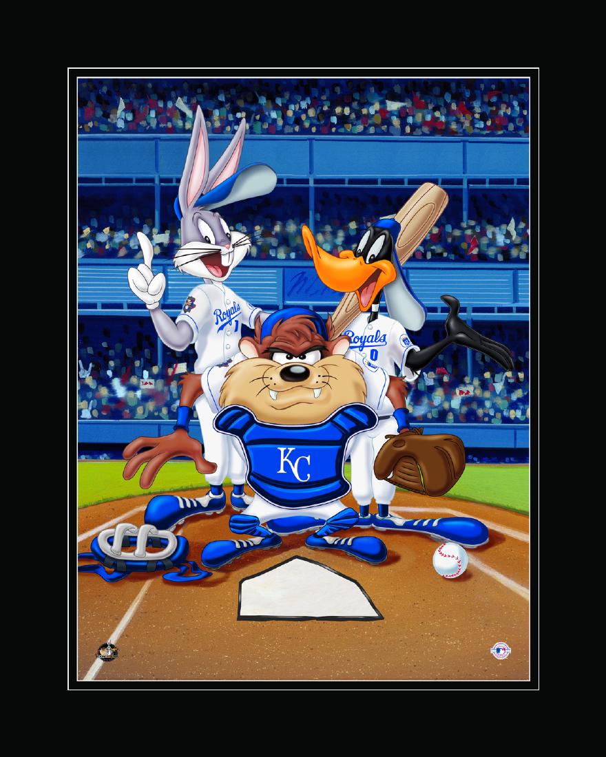 Kansas City Royal-Warner Bros. Giclee: A Warner Bros. limited edition giclee entitled " At the Plate." This giclee features Bugs, Taz and Daffy at the plate dressed at Kansas City Royals players. Limited to 500 pieces. Is presented matted