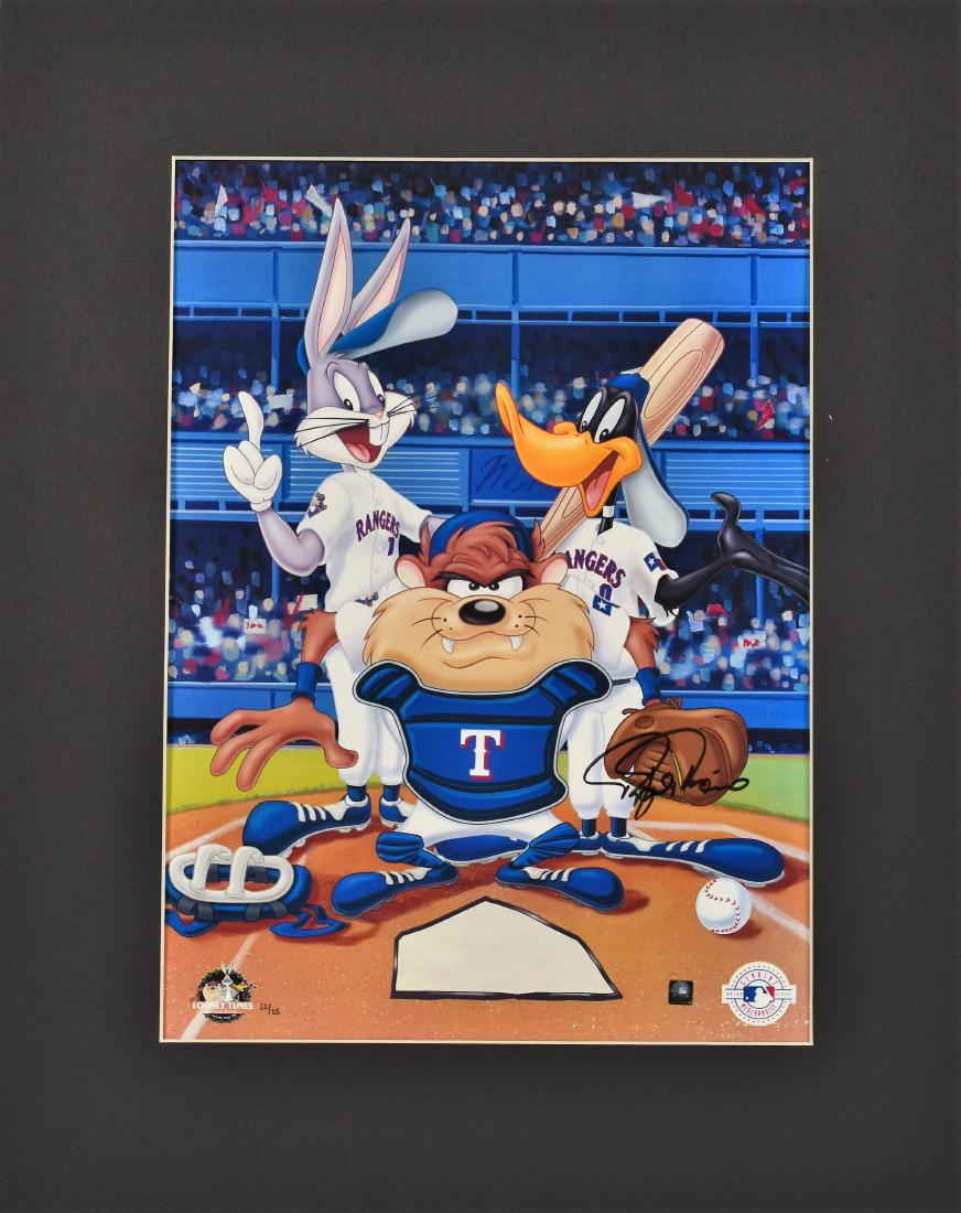 Texas Rangers-Warner Bros. Giclee: A Warner Bros. limited edition giclee entitled " At the Plate." This giclee features Bugs, Taz and Daffy at the plate dressed at Texas Rangers players. Limited to 500 pieces. Is presented matted and c