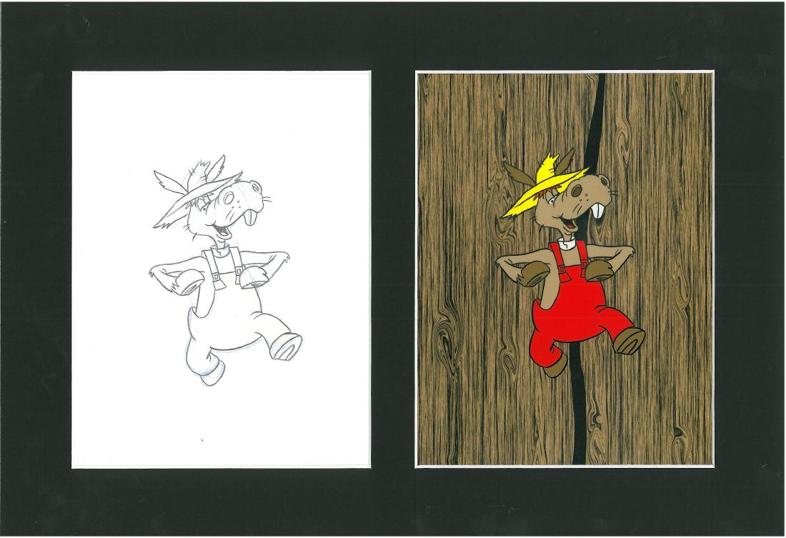 Hee-Haw Production Cel and Drawing- Double Aperture: A set of a production cel and drawings from the Television Show "Hee-Haw." The animation used for Hee Haw was created by Playhouse Pictures Hollywood. Cel is registered to a lithograph background and