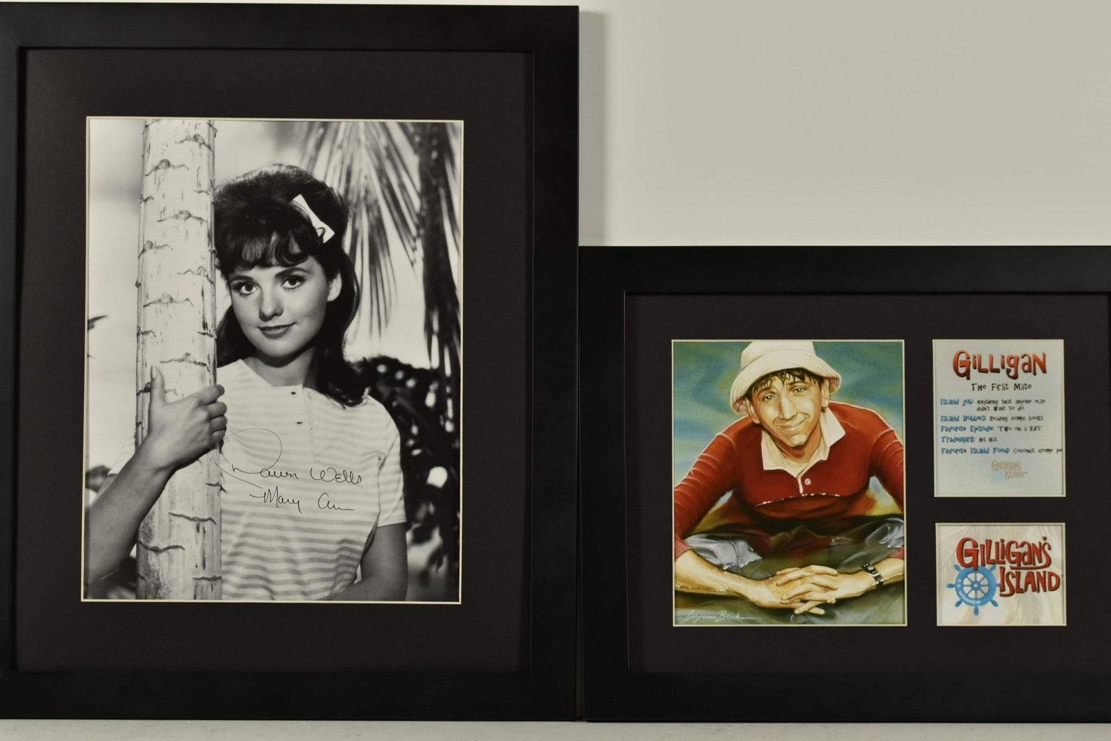 2 Gilligan's Island-Signed Dawn Wells&Gilligan: A pair of Gilligan framed lithographs. The first features Dawn Wells signed Mary Anne themed _Gilligan's Island_ lithographs. The set features an unframed black and white image of Mary Anne hugging a 