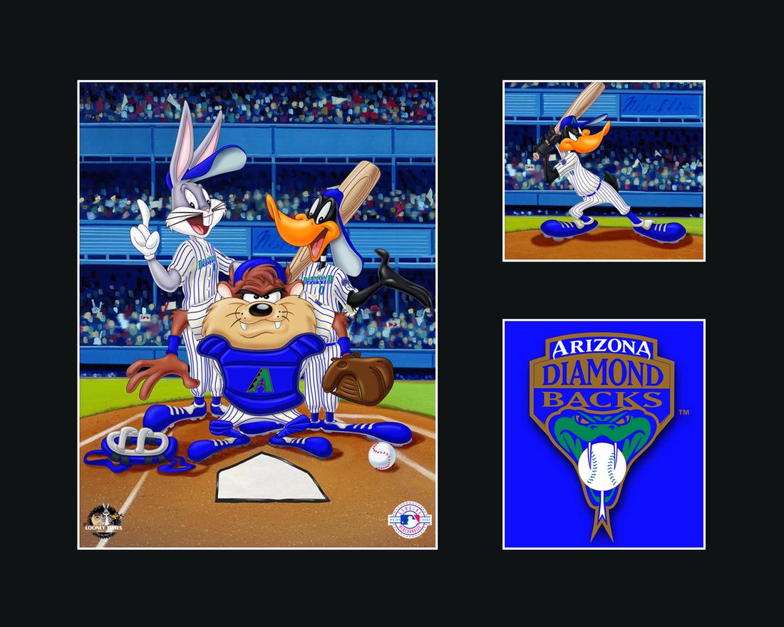Warner Bros .Arizona Diamondbacks Matted L.E.: A matted Warner Bros. Looney Tunes lithograph. This three image lithograph features a large image of Taz, Bugs Bunny and Daffy Duck dressed as Diamondbacks players, the second smaller images features