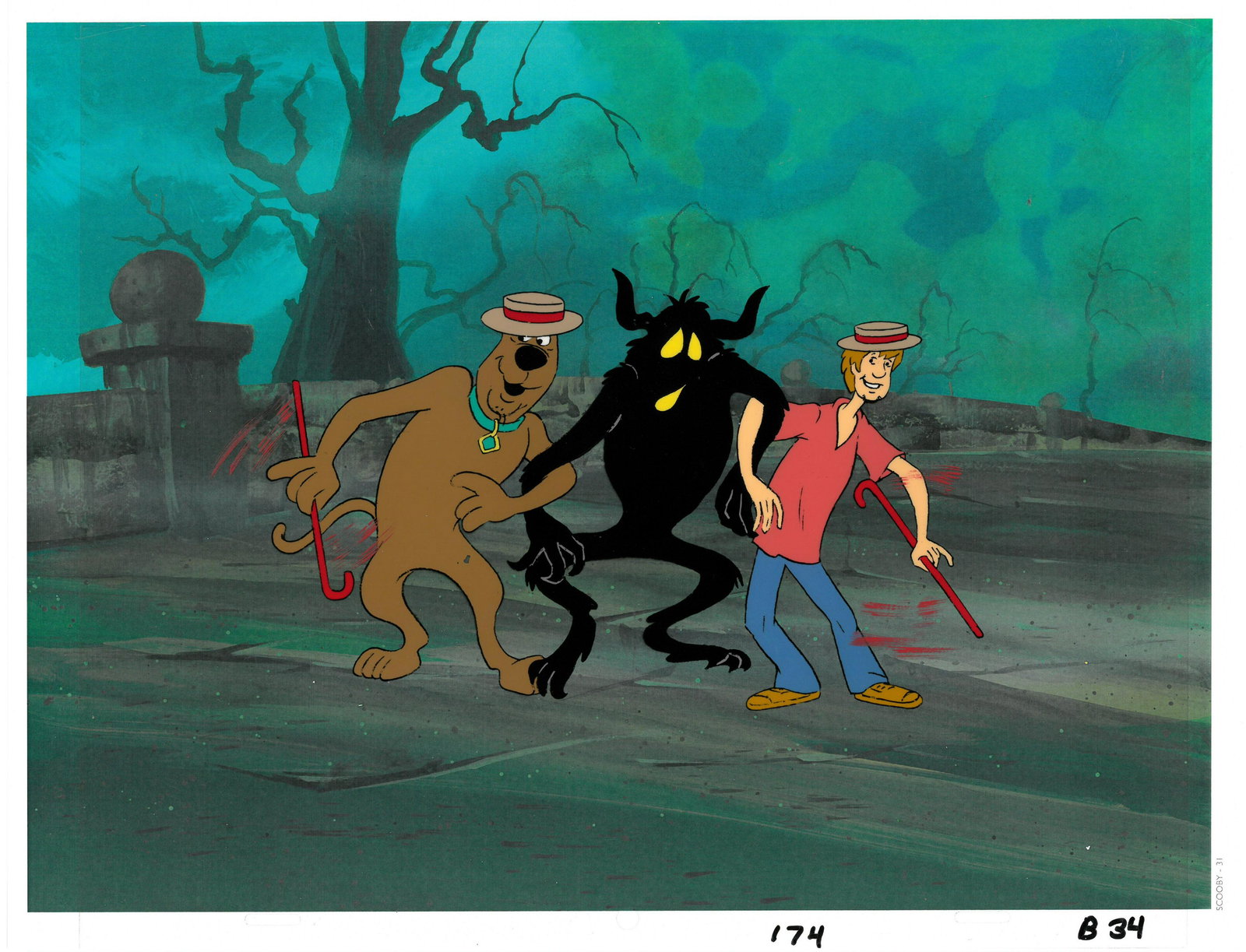 Scooby-Doo Production Cel - 13 Ghosts of Scooby-Doo: This is production cel features Scooby-Doo and Shaggy. This cel was used in the production of "The 13 Ghosts of Scooby-Doo (1985.) The cel is registered to a lithograph background.