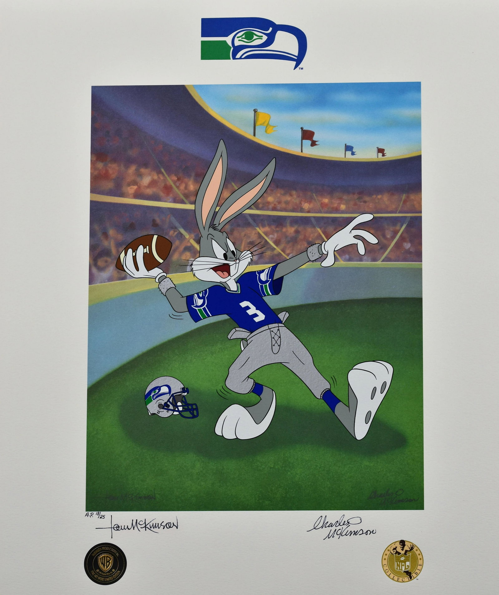 Seattle Seahawks - Bugs Bunny Lithoserigraph: A Seattle Seahawks limited edition signed lithoserigraph entitled "Hail Mary." This image features Bugs Bunny dressed as a Seahawks quarterback ready to throw a deep pass. This lithoserigraph has been