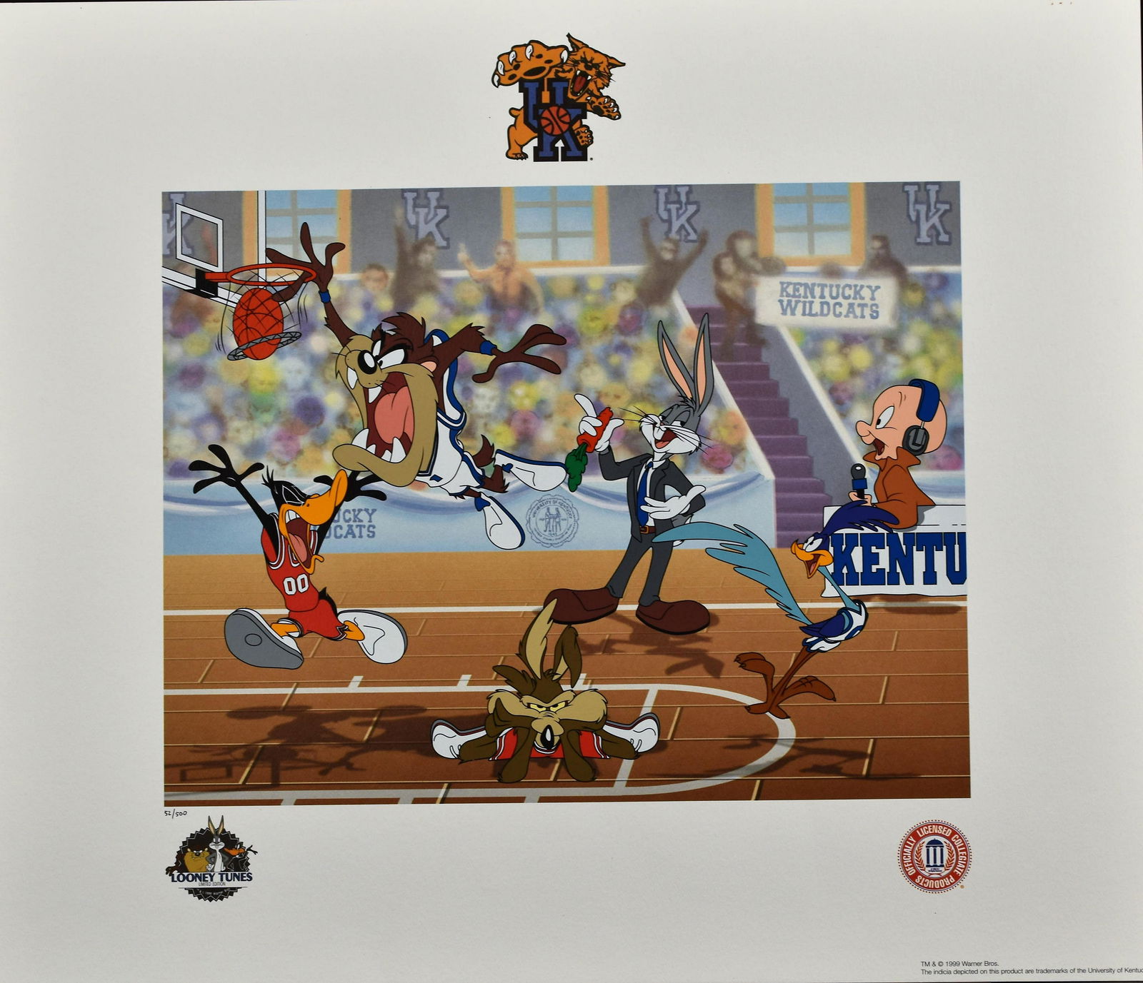 University of Kentucky - Warner Bros. Basketball: This Warner Bros. limited edition lithoserigraph is entitled " UK Slam Dunk ." It features Taz as the UK player with Bugs Bunny as his coach and Elmer Fudd is the announcer. It is presented sleeved. L