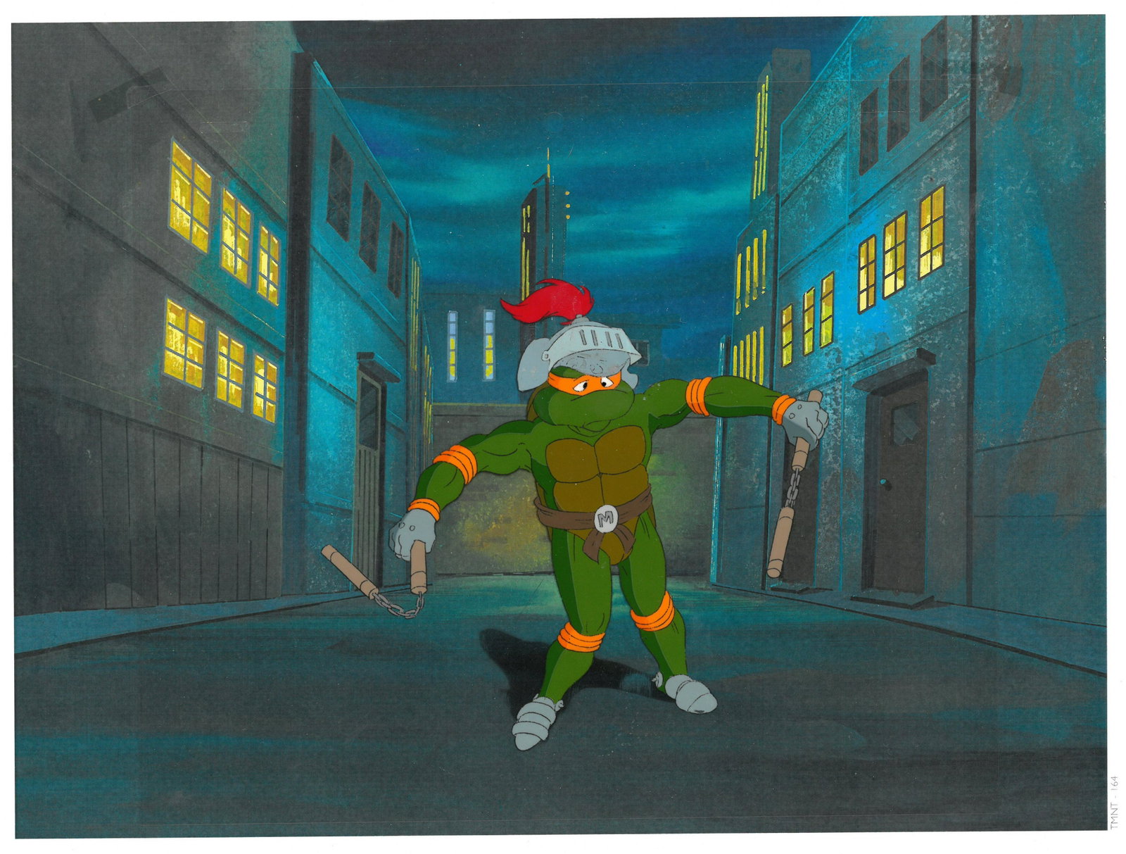 Michelangelo of (TMNT) Turtles- Original Production Cel: An original Teenage Mutant Ninja Turtle production cel. This cel depicts a frame from a scene in a Teenage Mutant Ninja Turtles cartoon episode. This frame features Michelangelo . Is produced by Murak