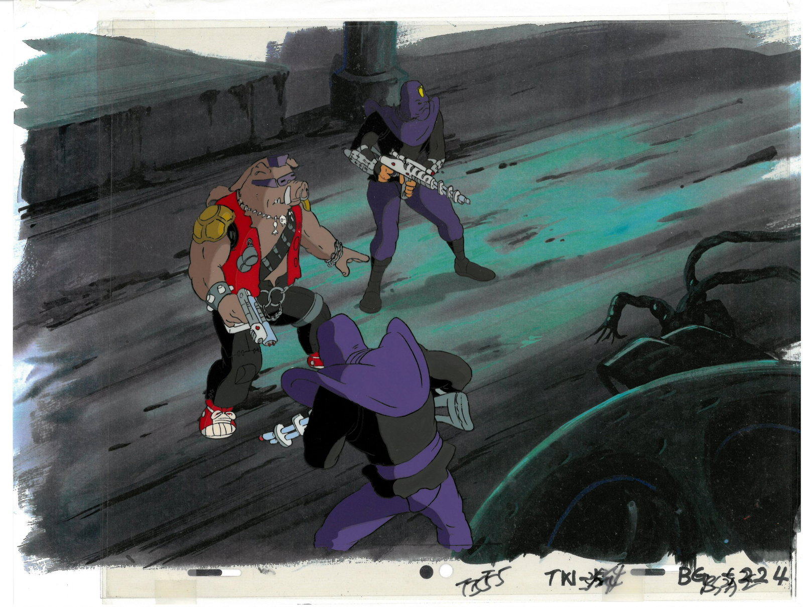 Bebop of (TMNT) Turtles- Original Production Cel: An original Teenage Mutant Ninja Turtle production cel. This cel depicts a frame from a scene in a Teenage Mutant Ninja Turtles cartoon episode. This frame features Bebop . Is produced by Murakami-Wol