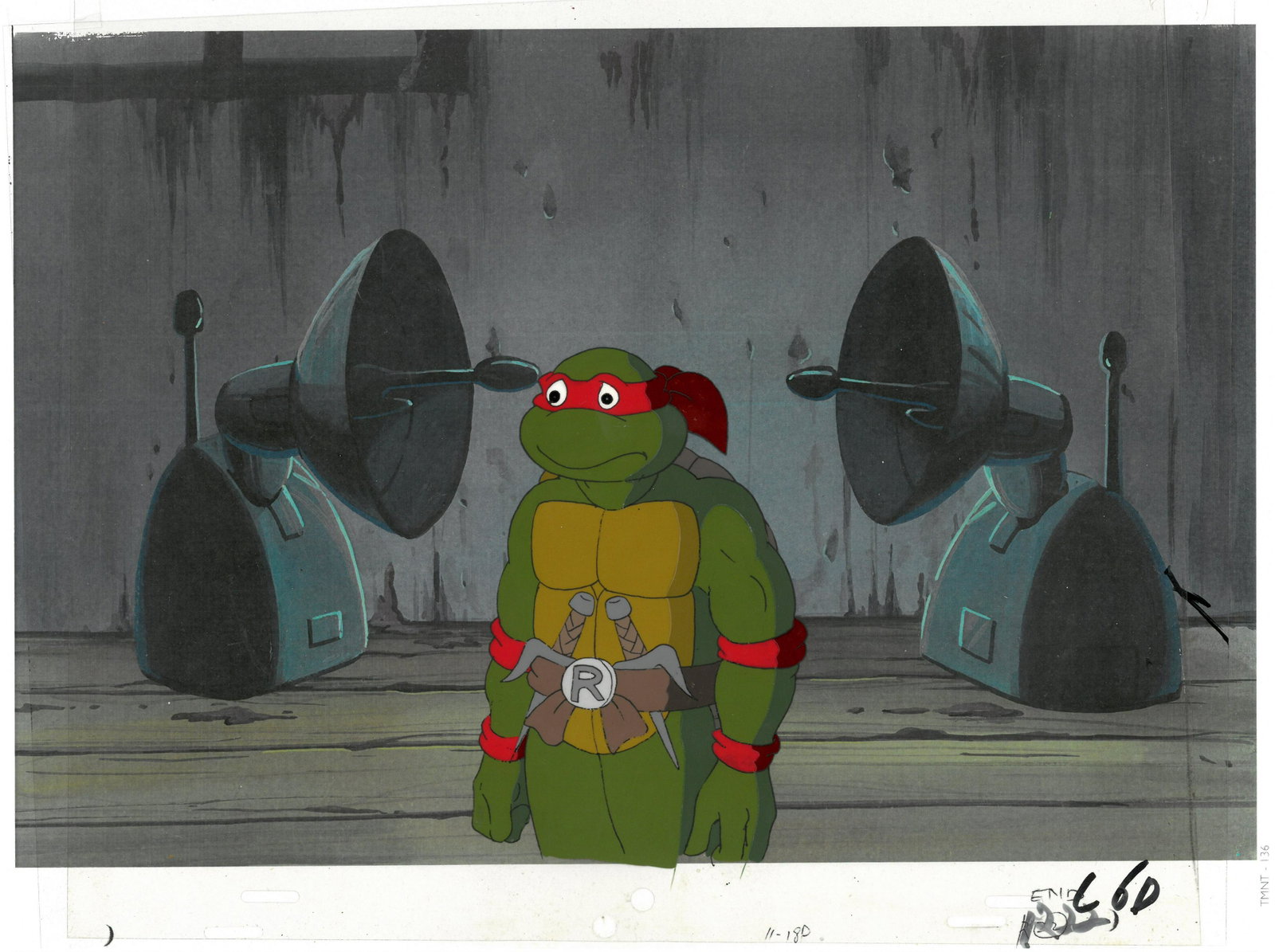 Raphael of (TMNT) Turtles- Original Production Cel: An original Teenage Mutant Ninja Turtle production cel. This cel depicts a frame from a scene in a Teenage Mutant Ninja Turtles cartoon episode. This frame features Raphael . Is produced by Murakami-W