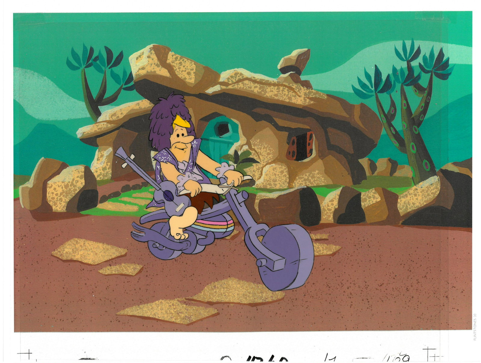 Flintstones -Original Production Cel - Rocker Barney: A matted original production cel of Rocker Barney Rubble. This was used in the Hanna-Barbera TV Commercials "Flintstones Fruity Pebbles" which aired in the 1980's. It was produced by Playhouse Picture