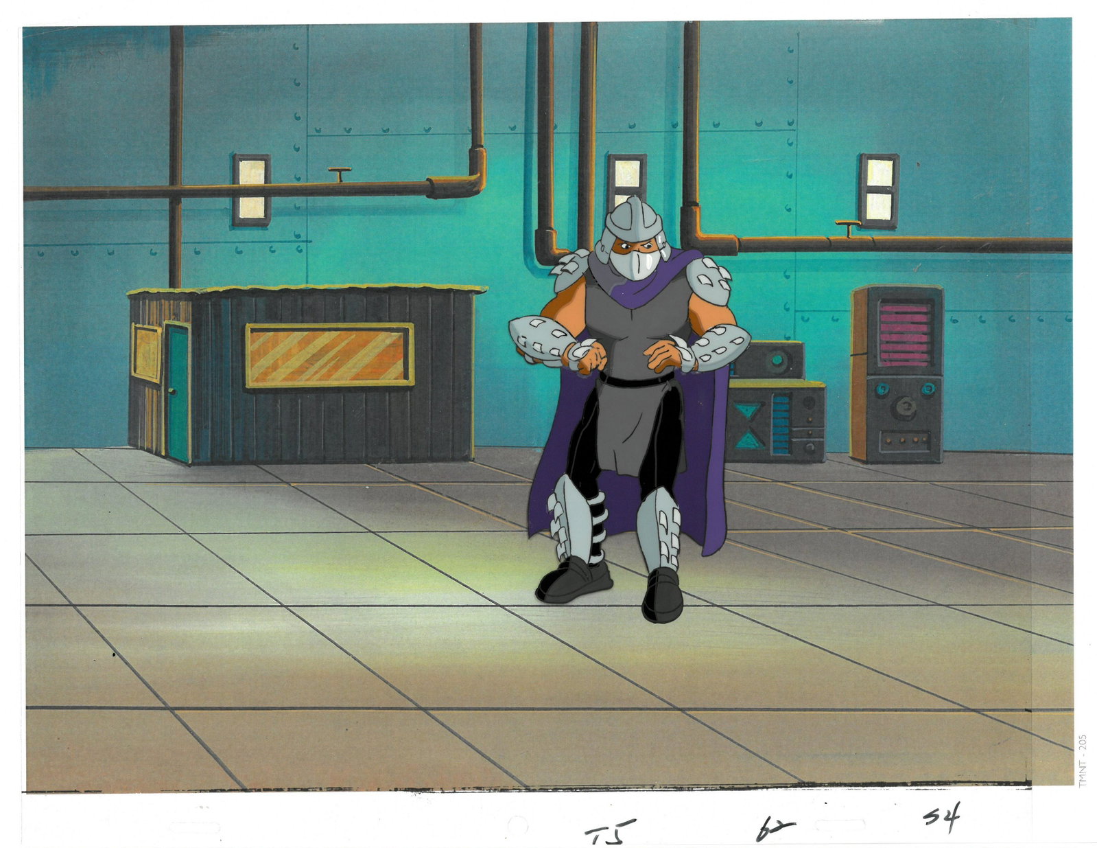 Shredder of (TMNT) Turtles- Original Production Cel: An original Teenage Mutant Ninja Turtle production cel. This cel depicts a frame from a scene in a Teenage Mutant Ninja Turtles cartoon episode. This frame features Shredder . Is produced by Murakami-