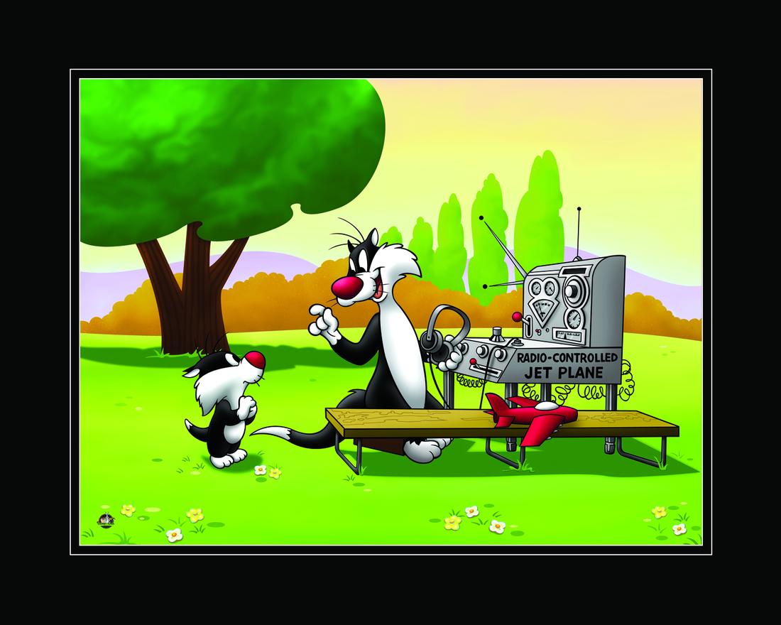 Sylvester and Son - Warner Bros. Radio Control-Giclee: A Warner Bros. fine art limited edition giclee entitled " Radio Controlled ." This image features Sylvester giving instructions on the use of the radio-controlled jet plane. Is limited to 500 pieces.