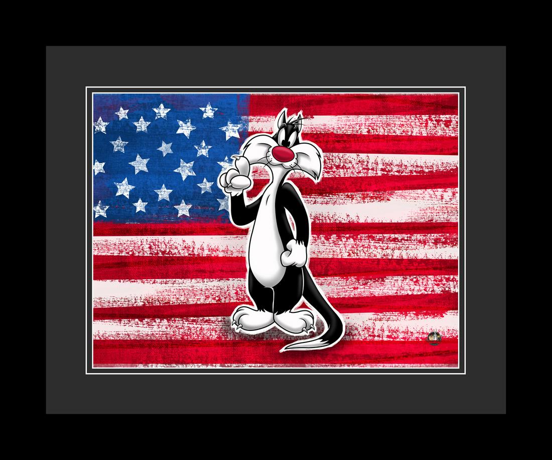 Patriotic Sylvester -Warner Bros. Giclee-Deluxe Framed: A Warner Bros. fine art limited edition giclee entitled " Patriotic Sylvester " Is limited to 500 pieces. Is presented deluxe matted and framed. Comes with certificate of authenticity. 16x20