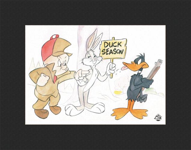 Duck Season- L.E. Water Color Lithograph Matted: This 11x14 limited edition water-color lithograph, licensed by Warner Bros. features a confused Elmer as Bugs Bunny declares "Duck Season" and Daffy hides the gun. COA Edition Size - 100 Presented Mat