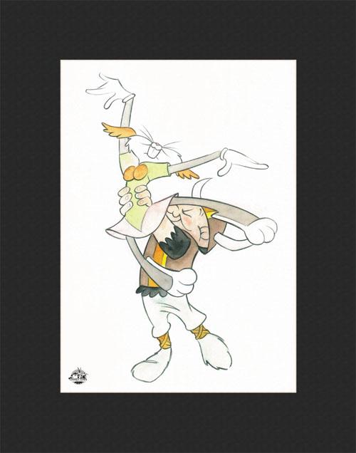 Bugs and Elmer Dancing- L.E. Water Color Lithograph: This 11x14 limited edition water-color lithograph, licensed by Warner Bros. features Elmer holding up a dancing Bugs Bunny in a theatric image. COA Edition Size - 100 Presented Matted