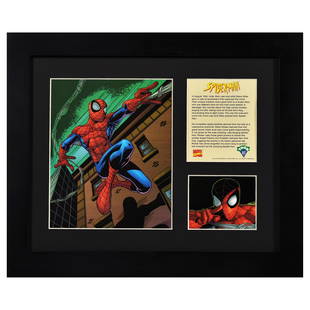 Spider-Man Framed LE Lithograph: This 11x14 framed limited edition lithograph features Spider-Man. This collage features 2 images of Spider-Man and 1 with a background on the Spider-Man writer Stan Lee brought into existence in Augus