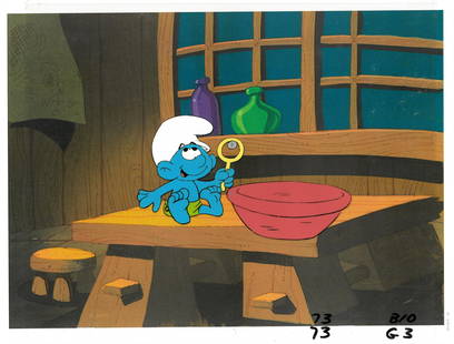 Smurfs - An Original Production Cel - Baby Smurf: This production cel was produced by Hanna-Barbera for the 1980's popular show " The Smurfs ." This scene features Baby Smurf. Baby Smurf is registered to a lithograph background with a COA.