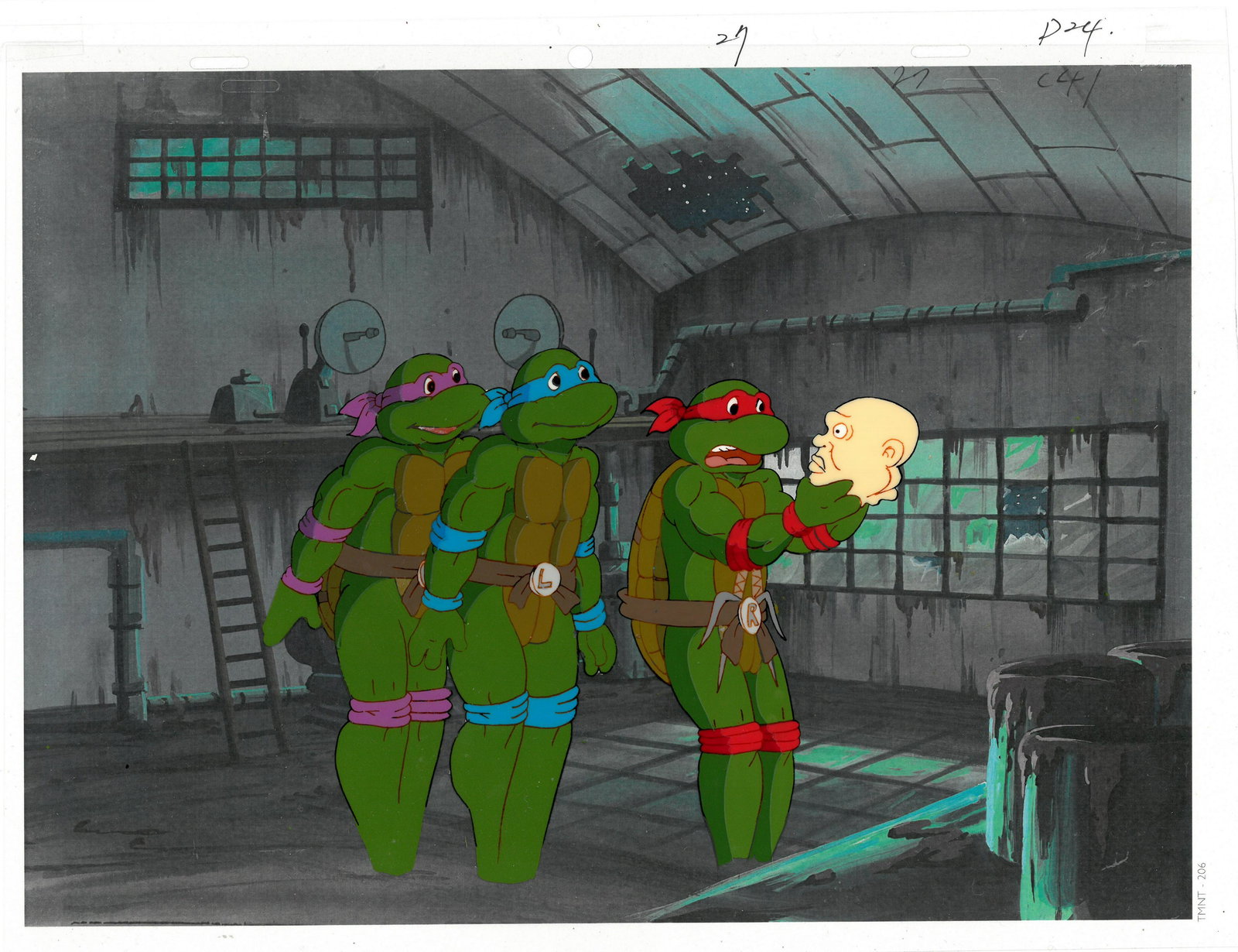 Leonardo, Donatello and Raphael of (TMNT) Turtles-: An original Teenage Mutant Ninja Turtle production cel. This cel depicts a frame from a scene in a Teenage Mutant Ninja Turtles cartoon episode. This frame features Leonardo, Donatello and Raphael . I