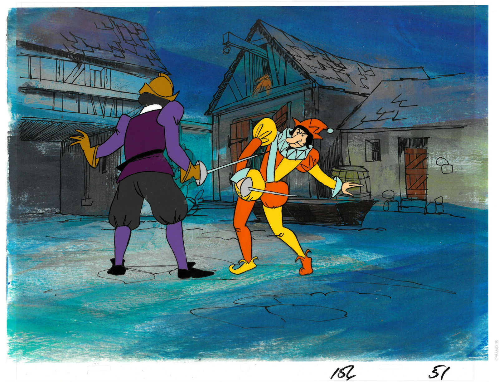 Cyrano de Bergerac - Original Production Multi-Cel and: This original production multi-cel and matching drawing was used in the 1974 Hanna-Barbera Production of Cyrano de Bergerac . A long-nosed Cyrano, voiced by Jose Ferrer, helps an army officer woo Roxa