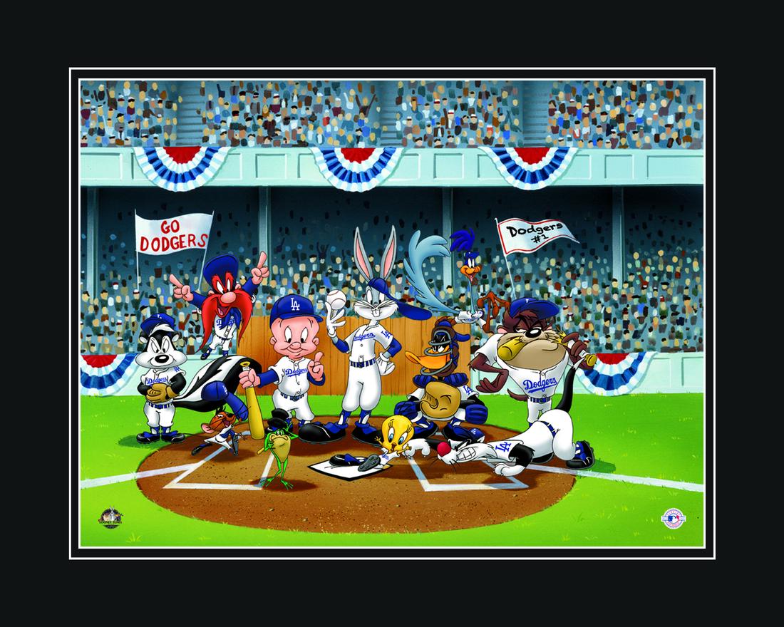 Looney Tunes Los Angeles Dodgers Line-Up Fine Art: A Warner Bros. Fine Art Giclee entitled " Line-Up At the Plate ." This image features the Looney Tunes dressed as Los Angeles Dodger players lined up on the field. Is licensed by both Warner Bros, and