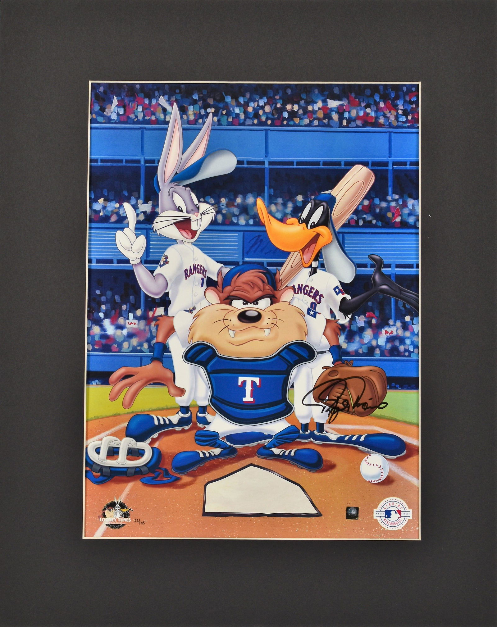 Texas Rangers-Warner Bros. Giclee: A Warner Bros. limited edition giclee entitled "At the Plate. " This giclee features Bugs, Taz and Daffy at the plate dressed at Texas Ranger players. Limited to 500 pieces. Is presented matted and co