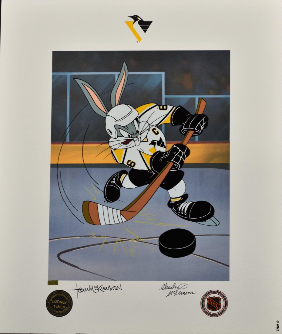 Pittsburgh Penguins Hockey Lithoserigraph Warner Bros.: A Pittsburgh Penguins hockey Themed Looney Tunes lithoserigraph titled " He Shoots, He Scores ", signed by deceased animators Tom and Charles McKimson. The original drawing was created by Warner Bros.