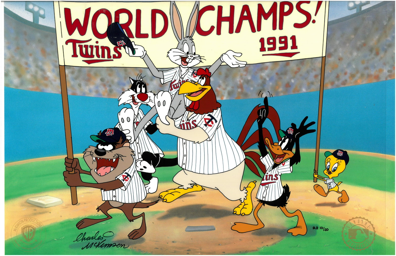 Minnesota Twins - World Champs 1991 - Looney Tunes L.E.: This 16-field limited edition hand-painted cel is entitled " World Champs " Looney Tunes dressed Minnesota Twins celebrate their 1991 Championship Victory. The cel began with a master inking, taken fr